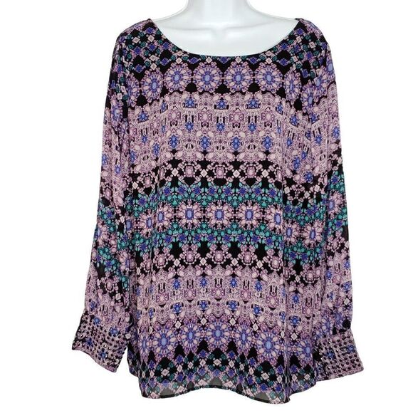 NEW Jennifer Lopez Cold Shoulder Blouse 1X Abstract Jewelry Print Black Purple - Picture 1 of 10